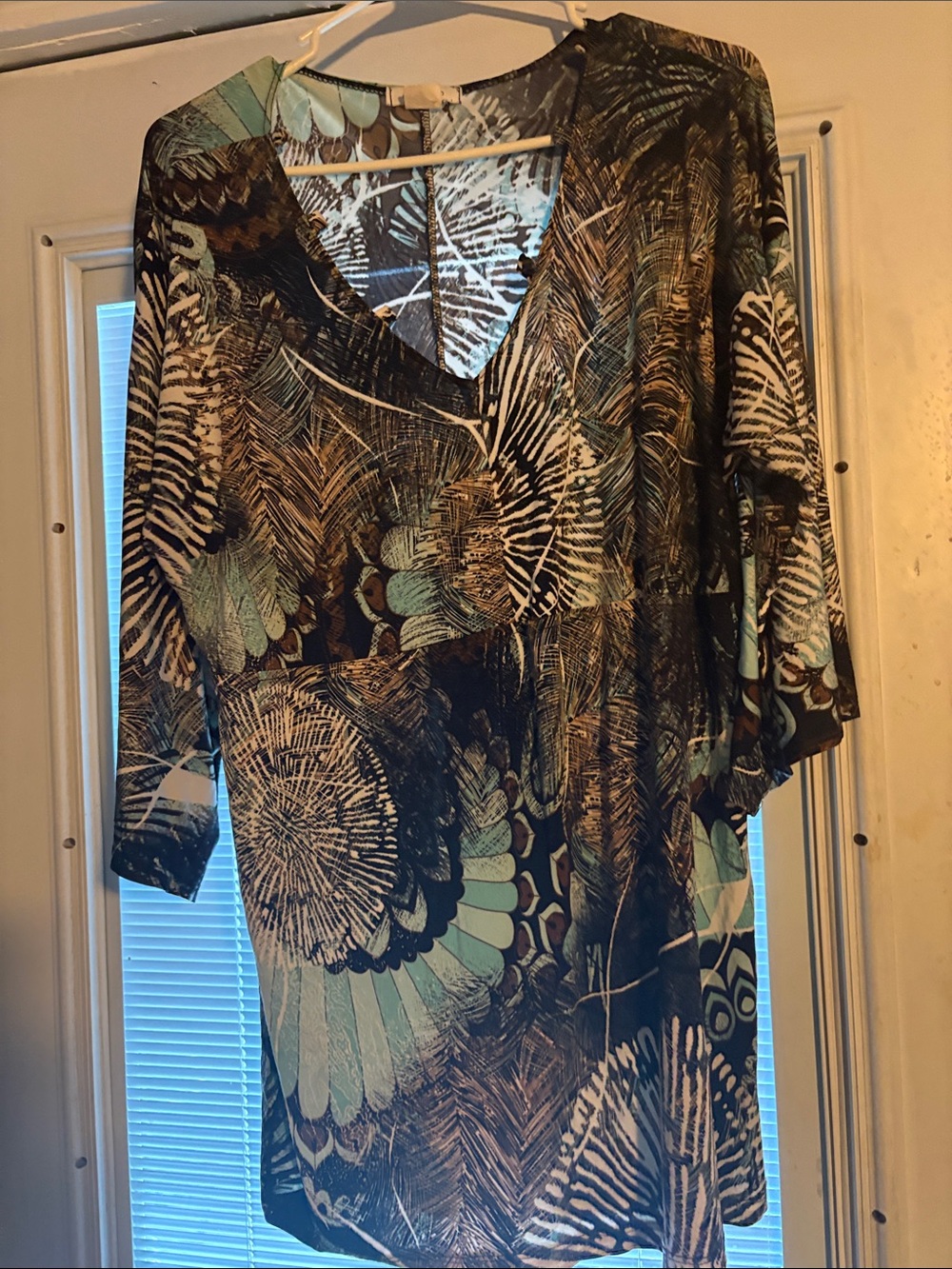 Dress Barn Teal and Brown Abstract V-Neck Tunic